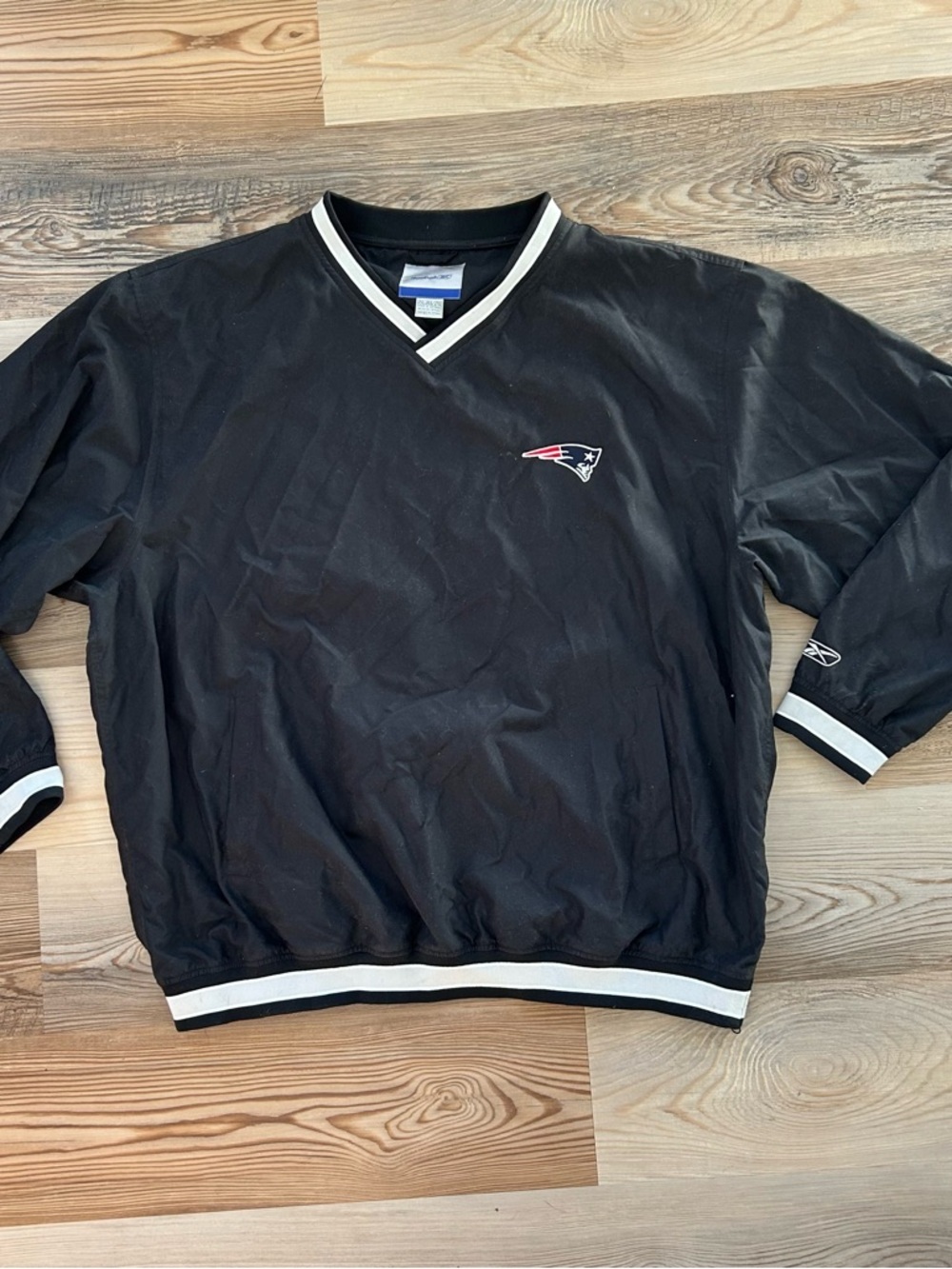 Reebok Black V-Neck Patriots Pullover Windbreaker with White Trim